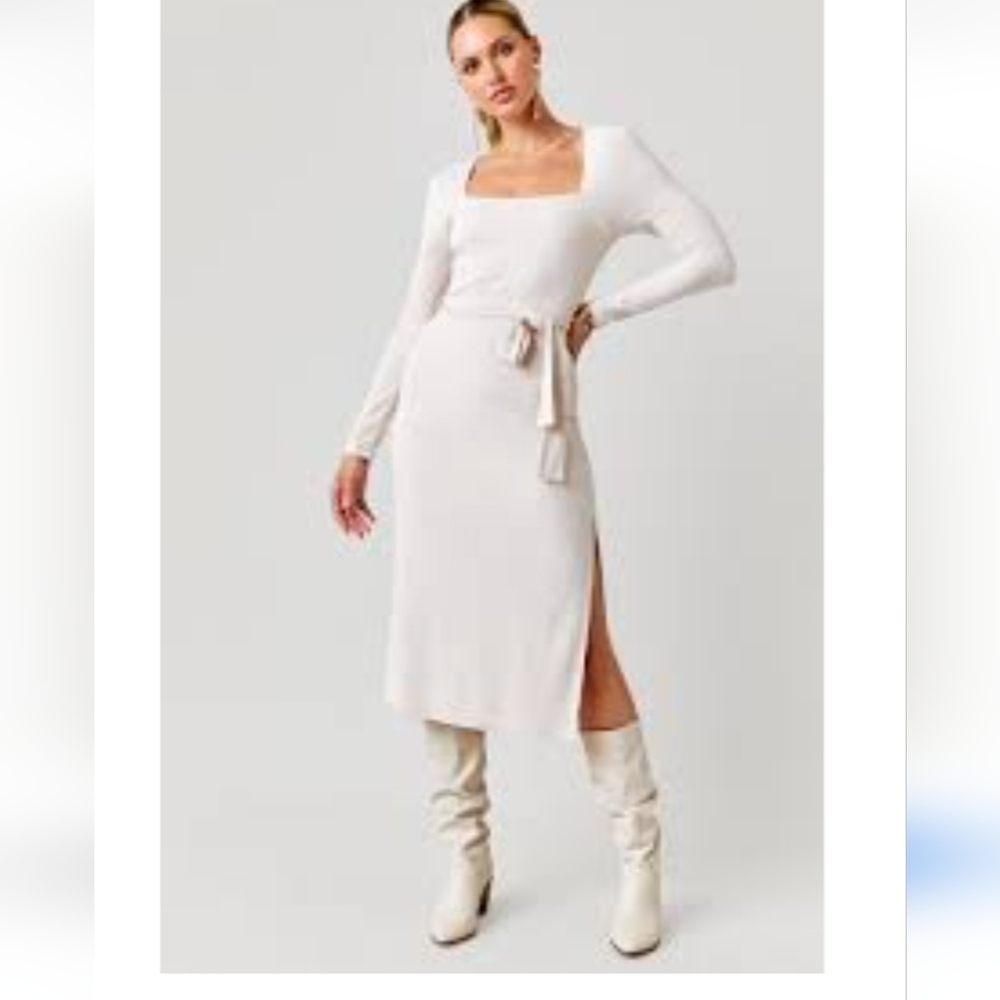 Francesca's Tasha Tie Front Beige Ribbed side slit Midi Dress Belted Medium Nwt